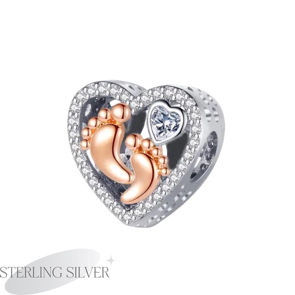CHARM Jewelry - S925 Rose Gold Baby Feet Silver Hollow Heart Charm Pandora Style